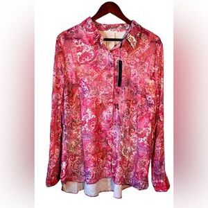 NWT T Tahari Women’s Josella Pink Long Sleeve Collar Blouse Happy Multi Size XL